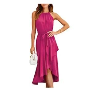 Fashion Women's Hot Pink Poly/Spandex Satin Sleeveless Halter Neck Wrap Ruffle w